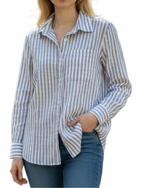 Blue & White 100% Cotton Vertical Stripe Button-Down Shirt